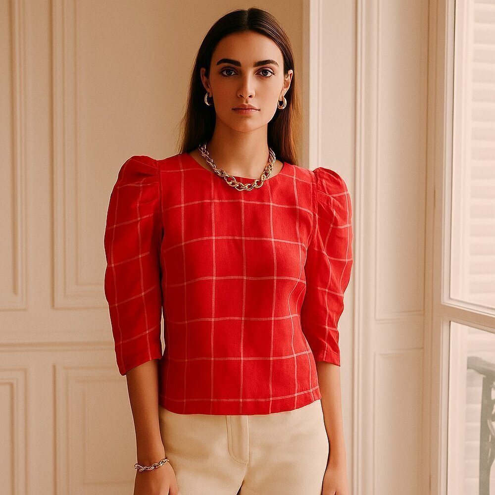 Mara Hoffman Linen Blend Top NWOT Windowpane Plaid in Red
